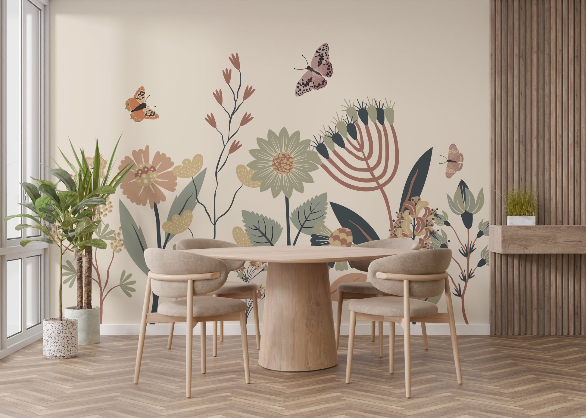 Earthy-toned botanical mural with flying butterflies