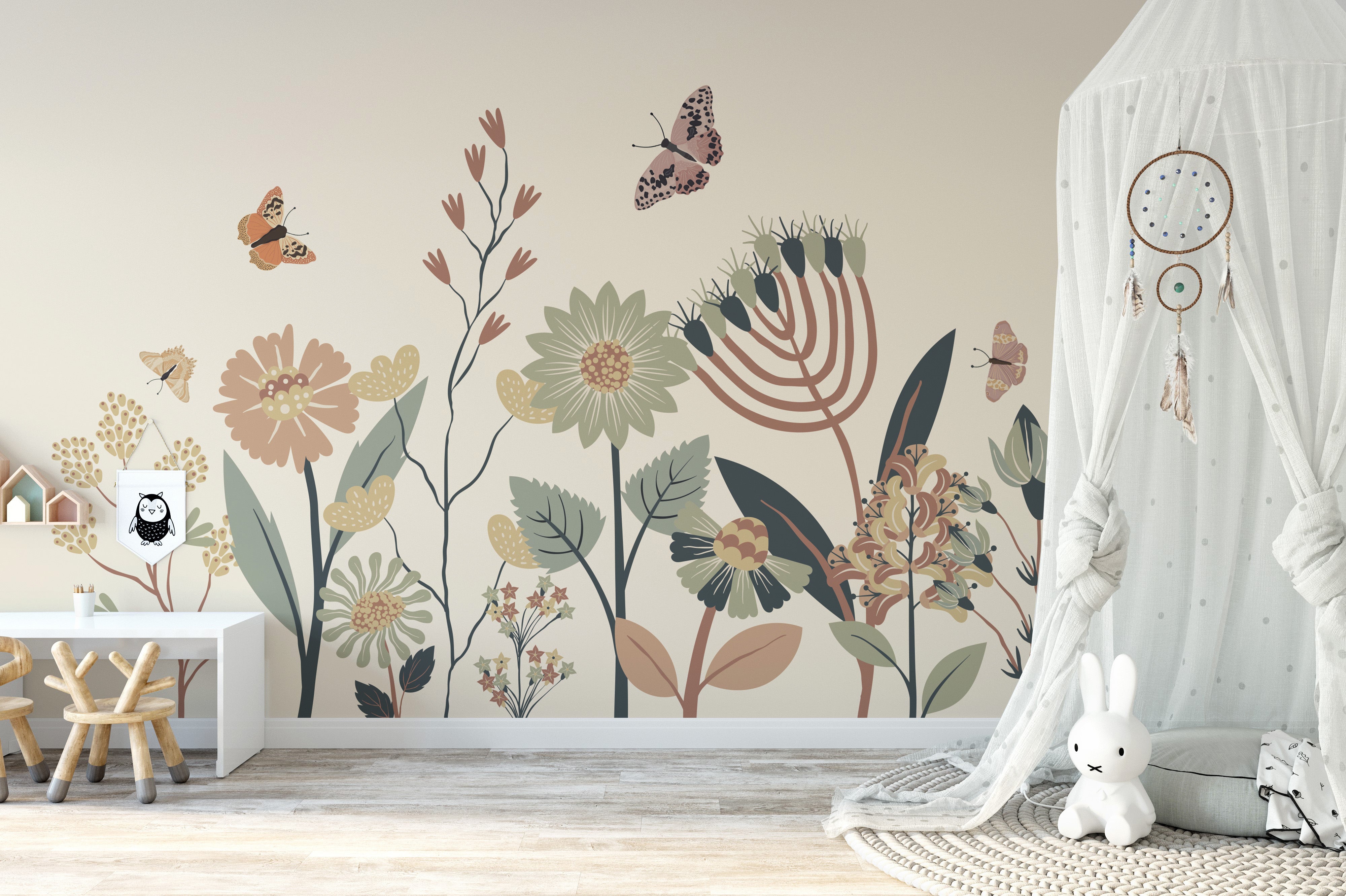 Minimalist pastel flora with soft butterfly details