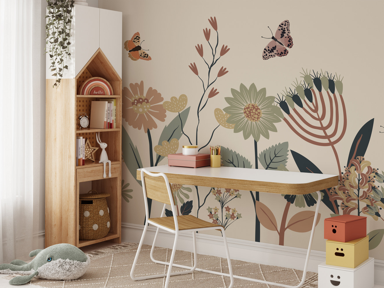 Soft botanical wallpaper with fluttering butterflies