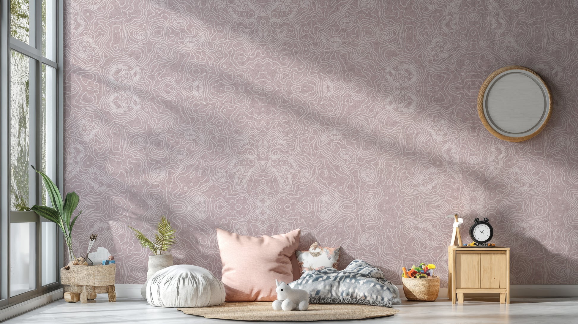 Geometric chaos pattern wallpaper in mauve hues