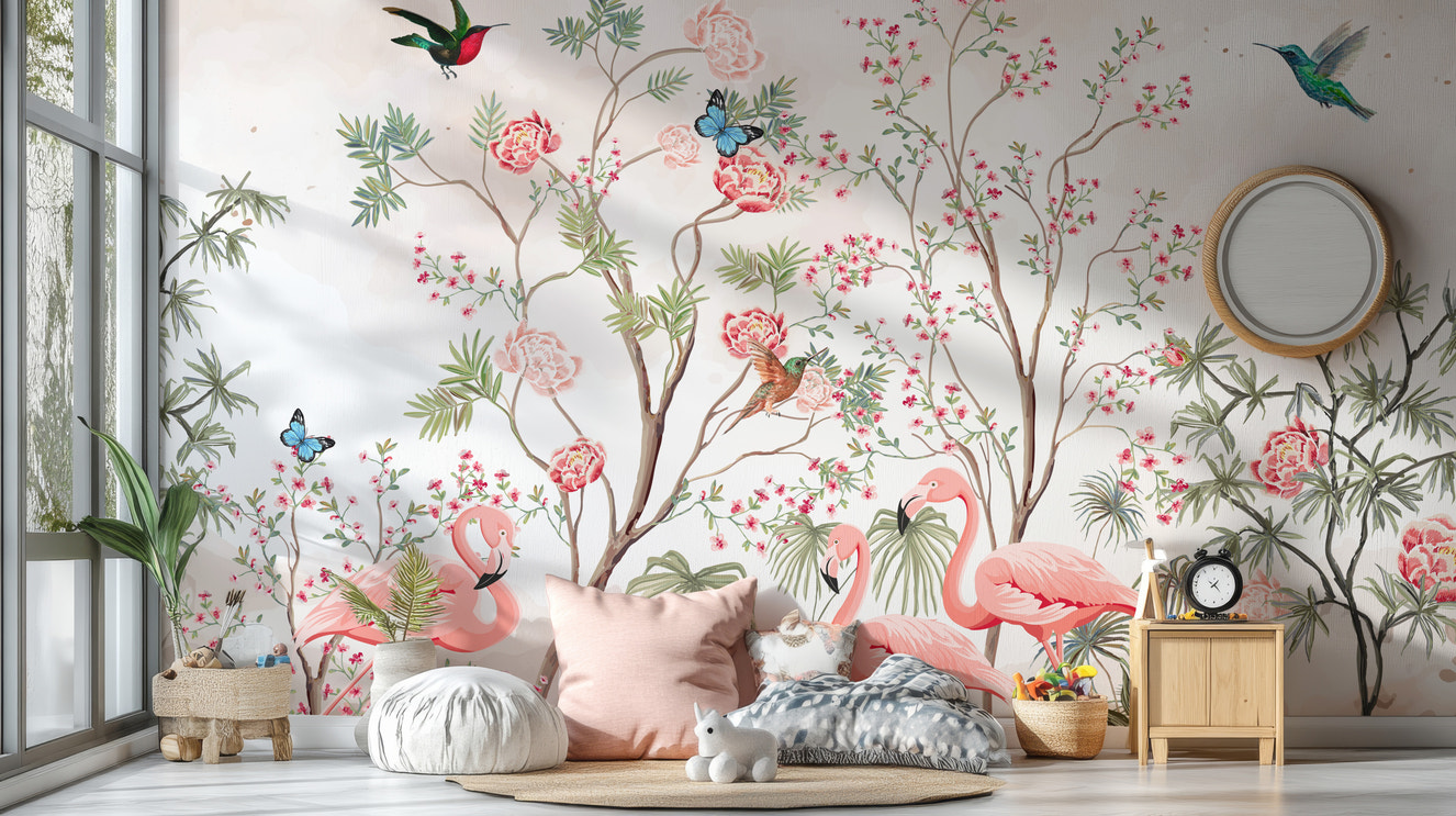 Elegant chinoiserie wallpaper with pink flamingos