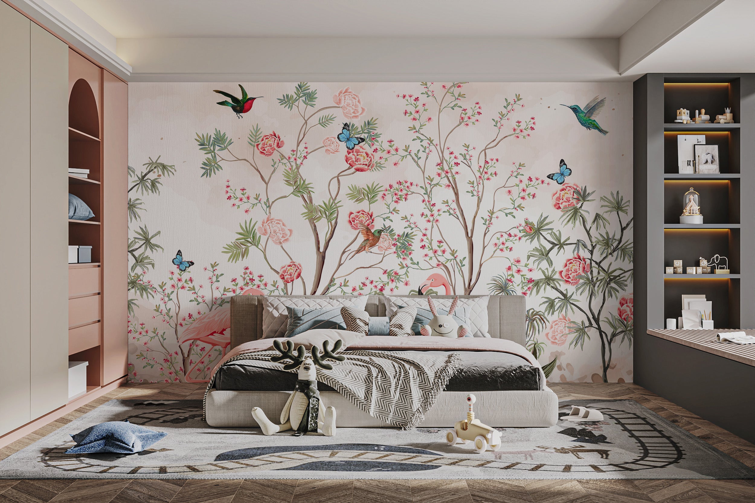 Exotic flamingo and blossom wallpaper design