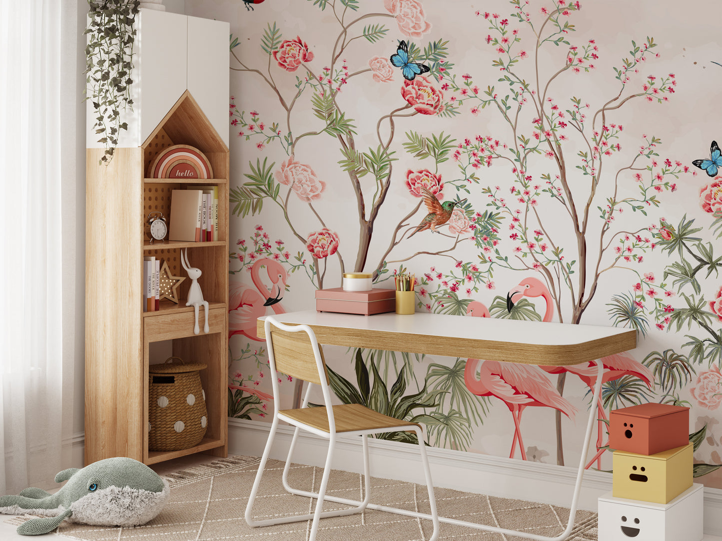 Delicate chinoiserie mural with birds and flowers