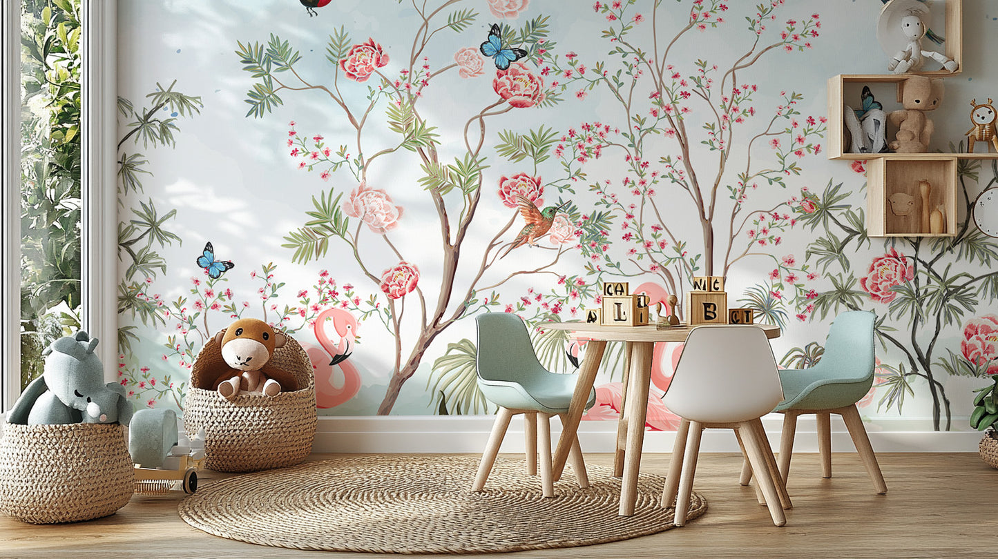 Pink flamingo wallpaper with birds and flowers