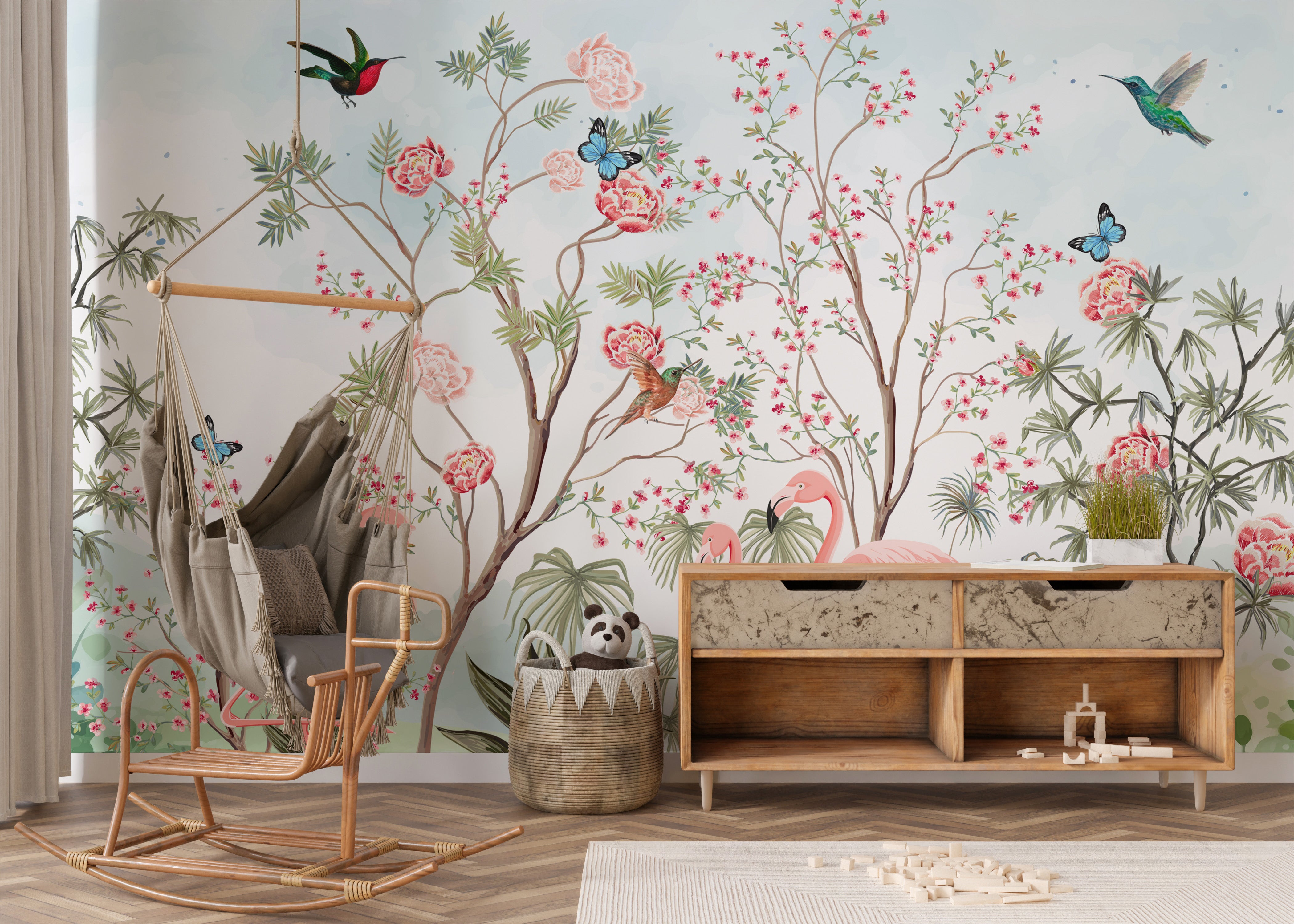 Exotic flamingo and floral chinoiserie wall mural