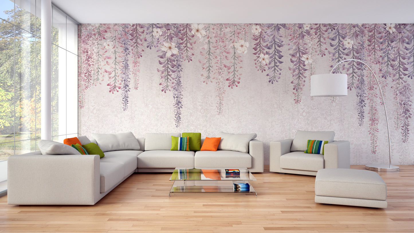 Floral wisteria wallpaper mural for living spaces