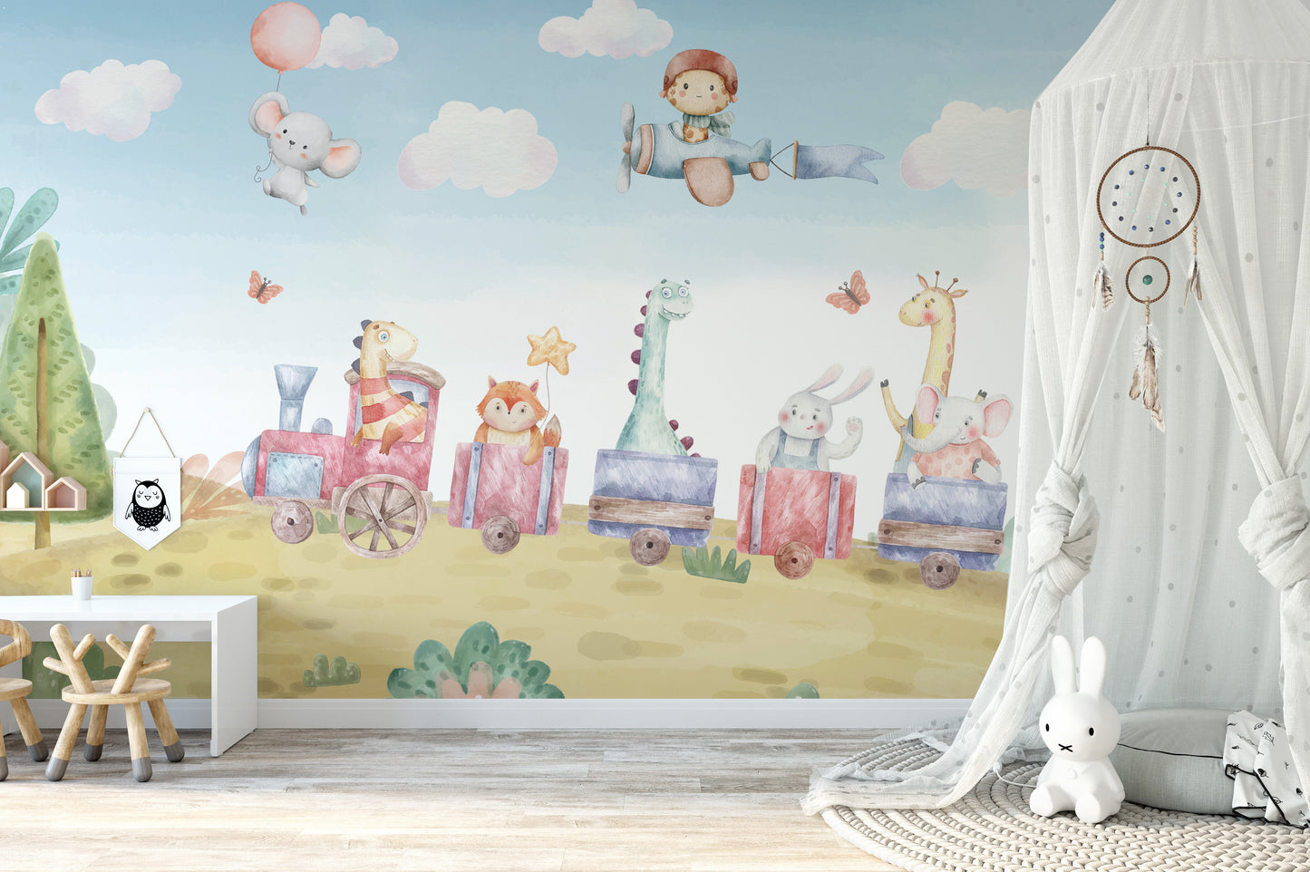 Colorful animal train wallpaper for kids' rooms