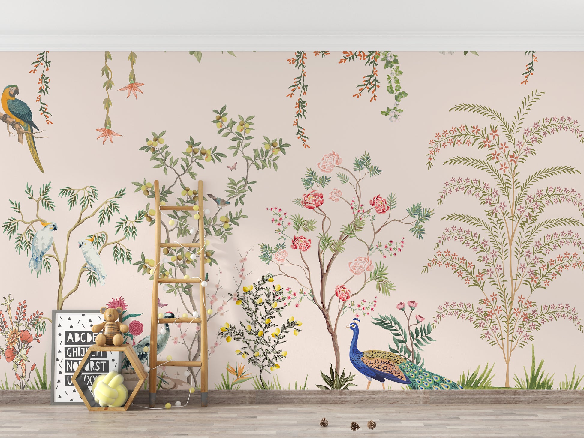 Peacock and blossoms chinoiserie mural for walls