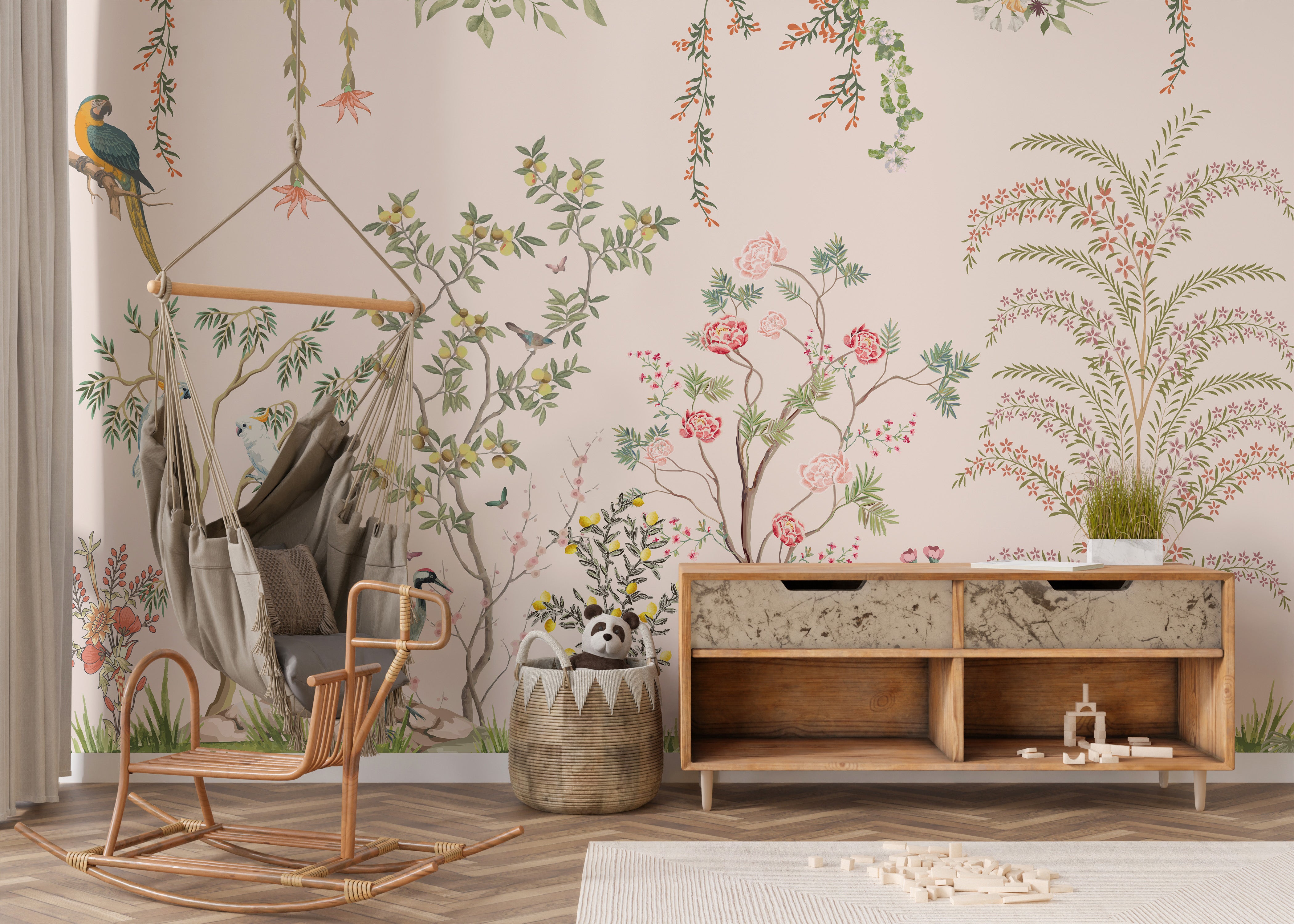 Chinoiserie botanical wallpaper with a soft palette