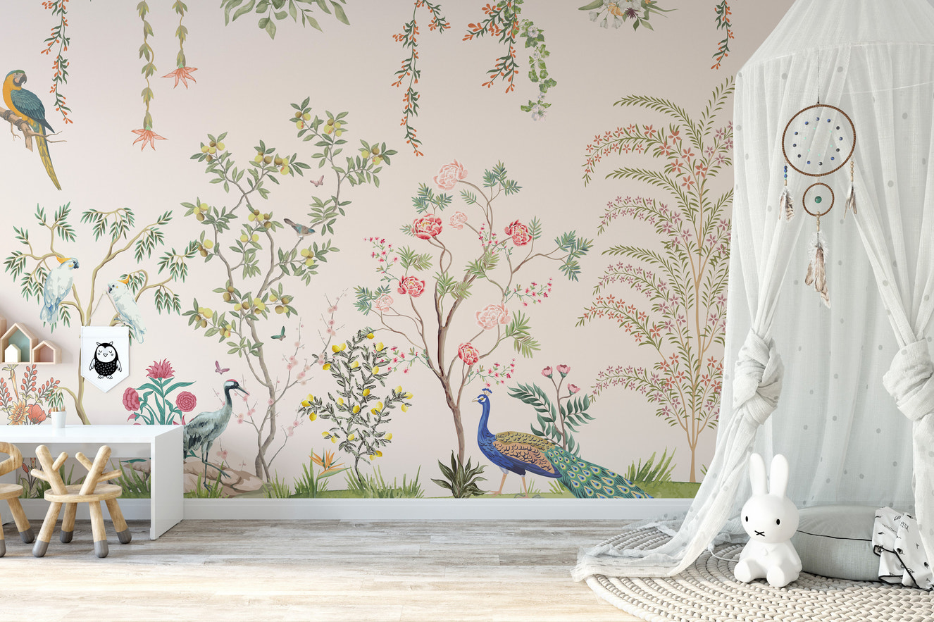 Chinoiserie garden mural with birds and flowers