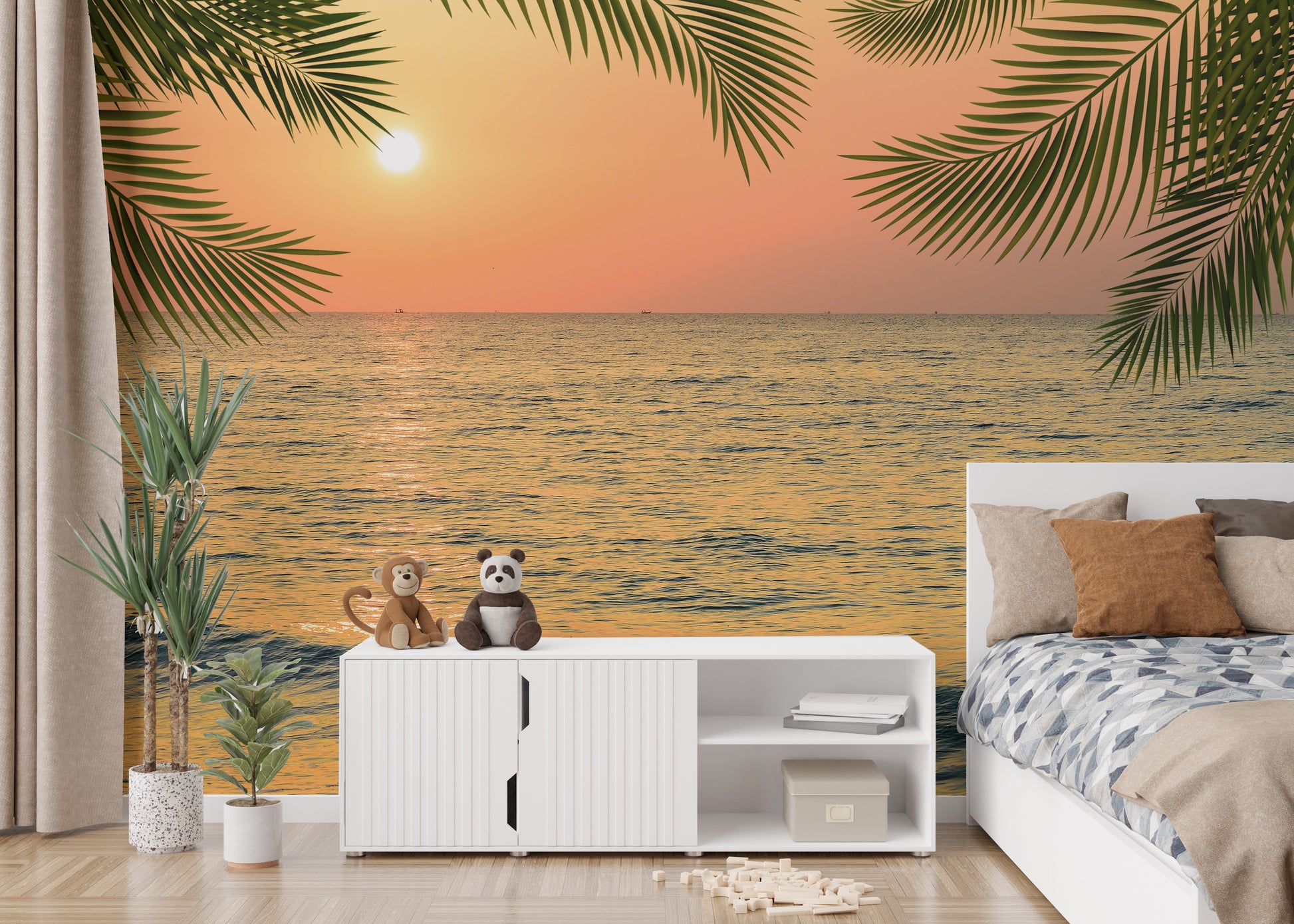 Relaxing beach scene mural with sunset colors