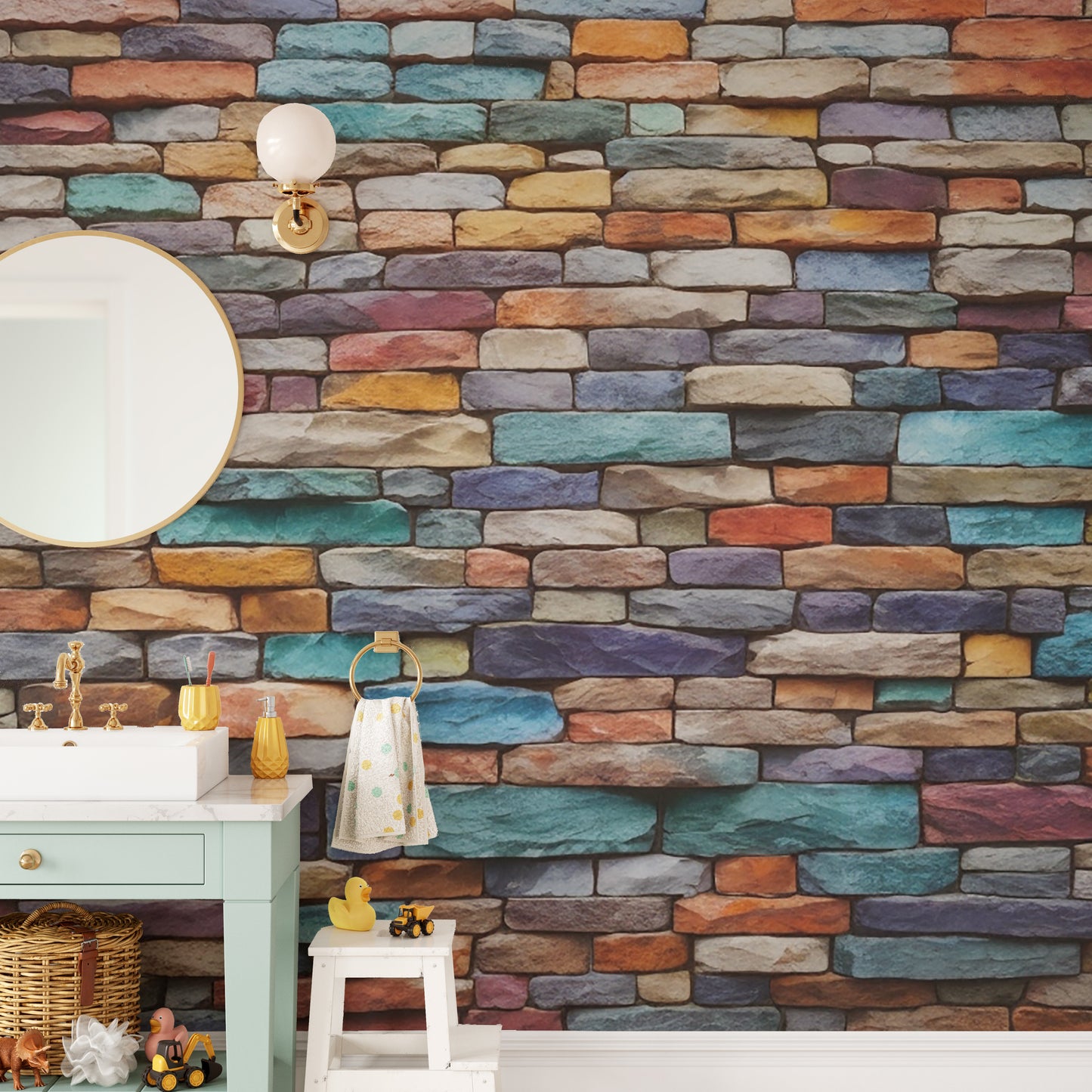 Rustic stone brick wallpaper in lively hues