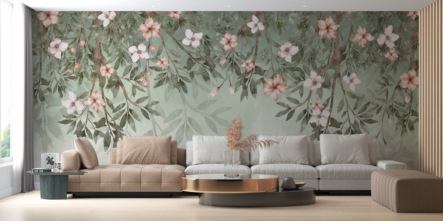 Watercolor floral wallpaper with hanging green leaves