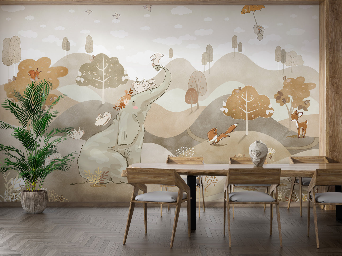 Kids room wallpaper featuring animals and scenic hills