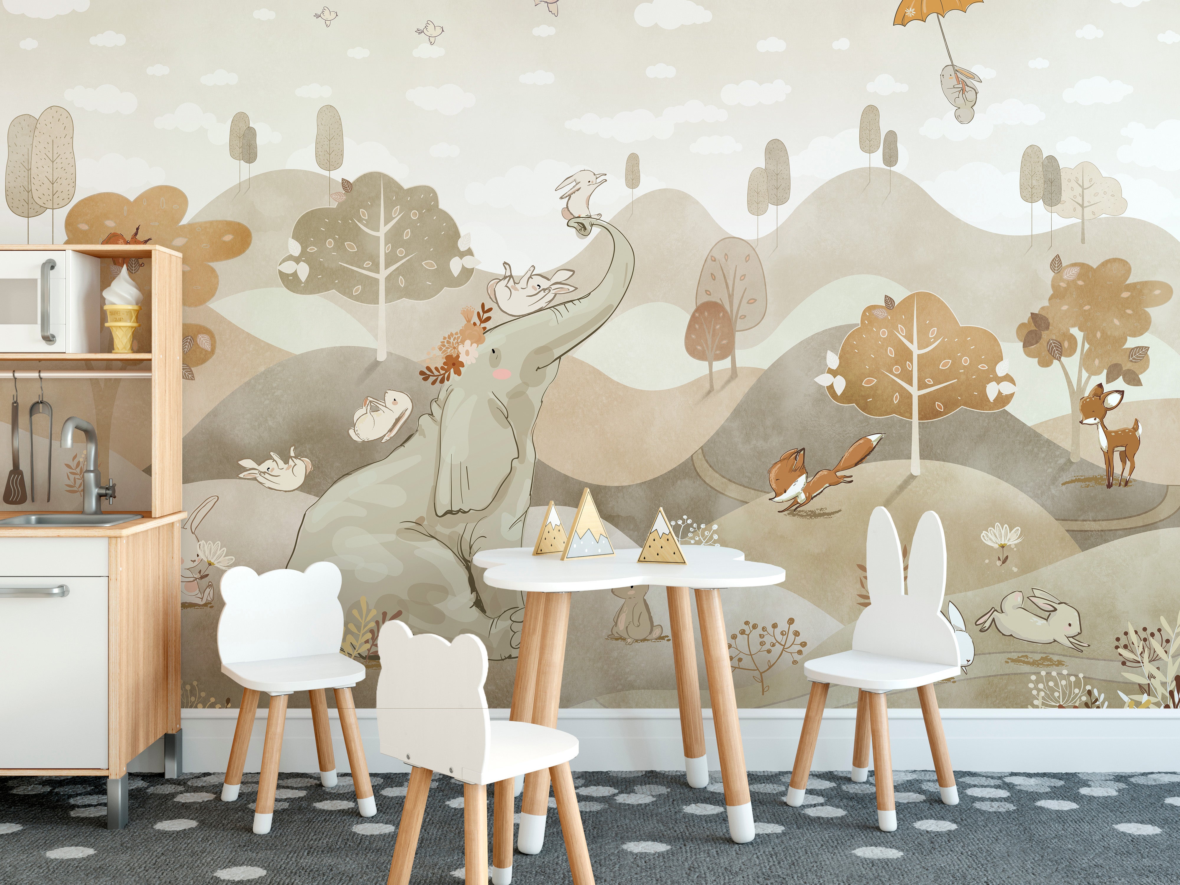 Whimsical wallpaper with elephants and rabbits in nature