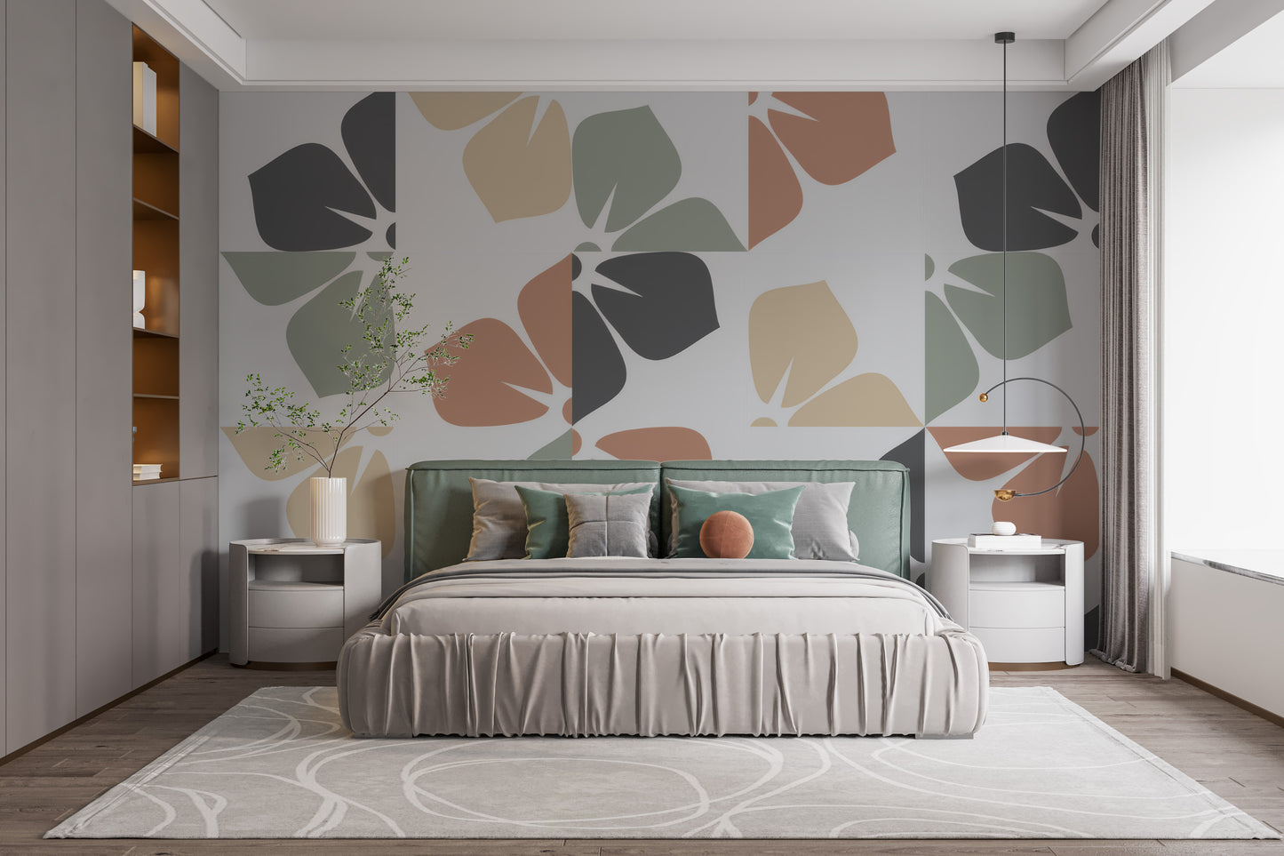 Modern abstract foliage mural with leaves