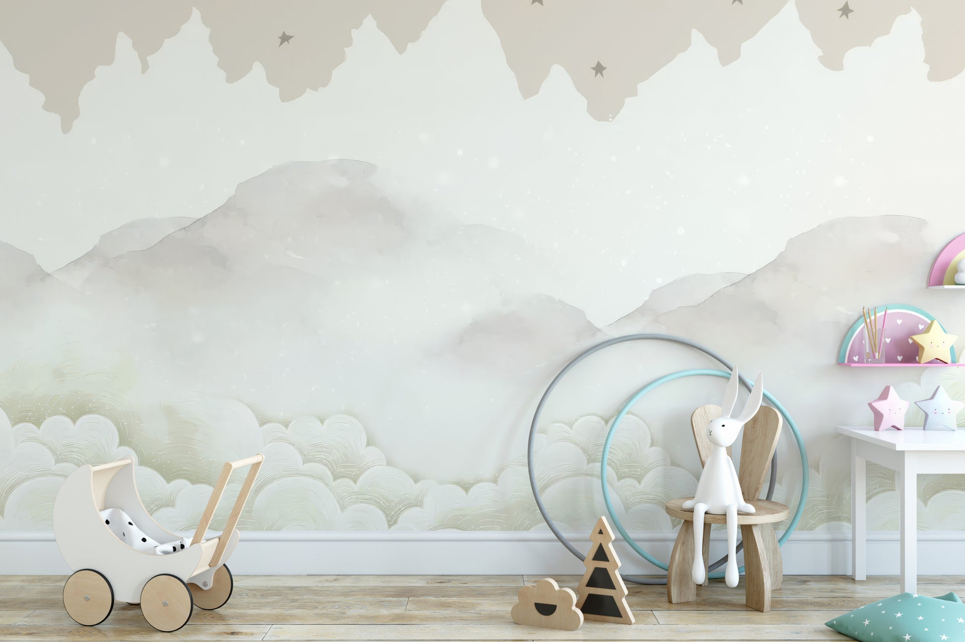 Mountain peaks mural with soft cloud design