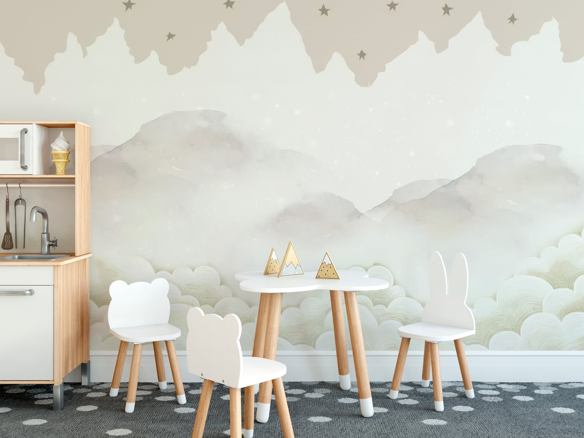 Dreamy mountain peaks mural with star accents