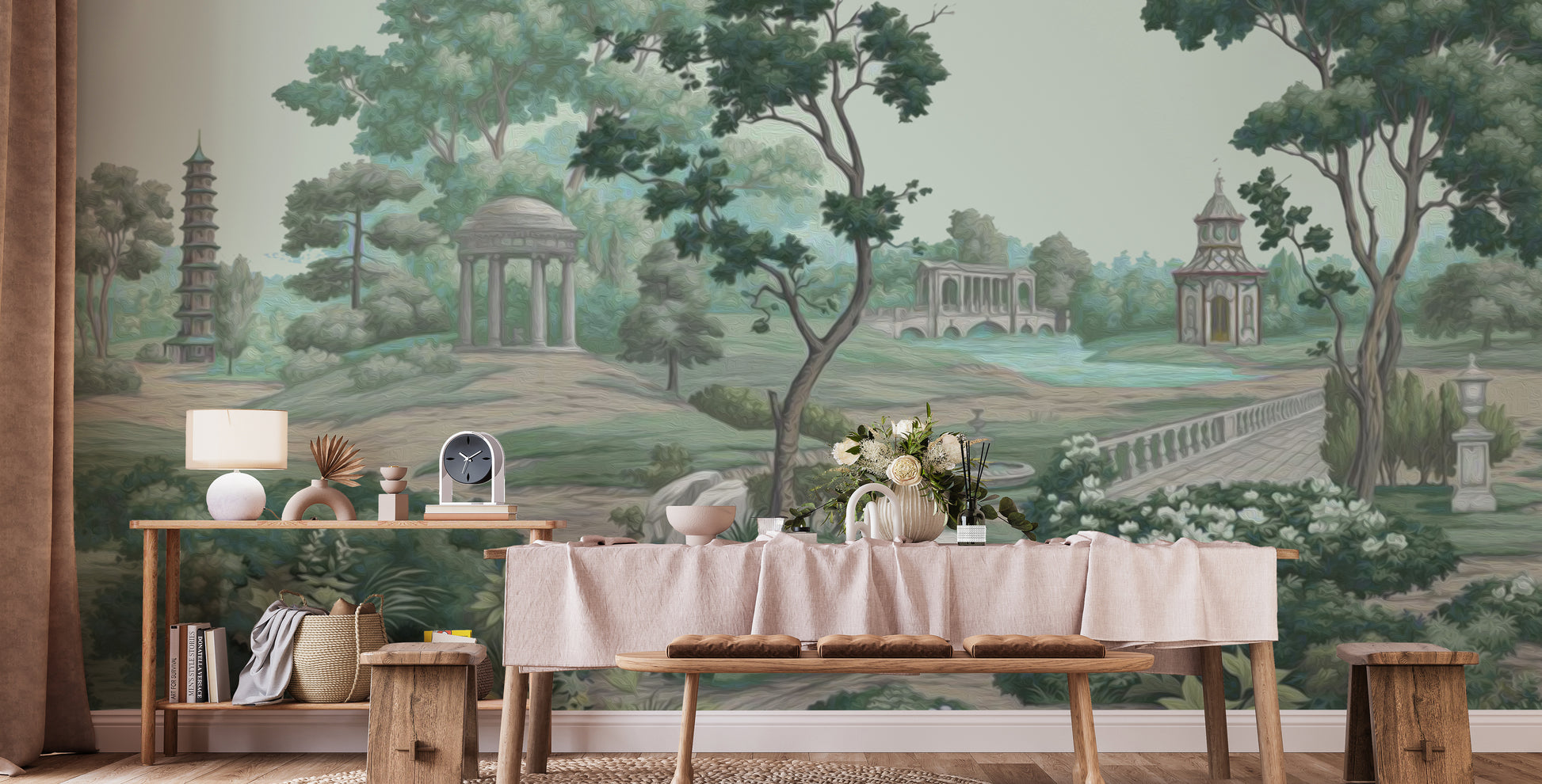 Calm and lush green garden wall mural scene