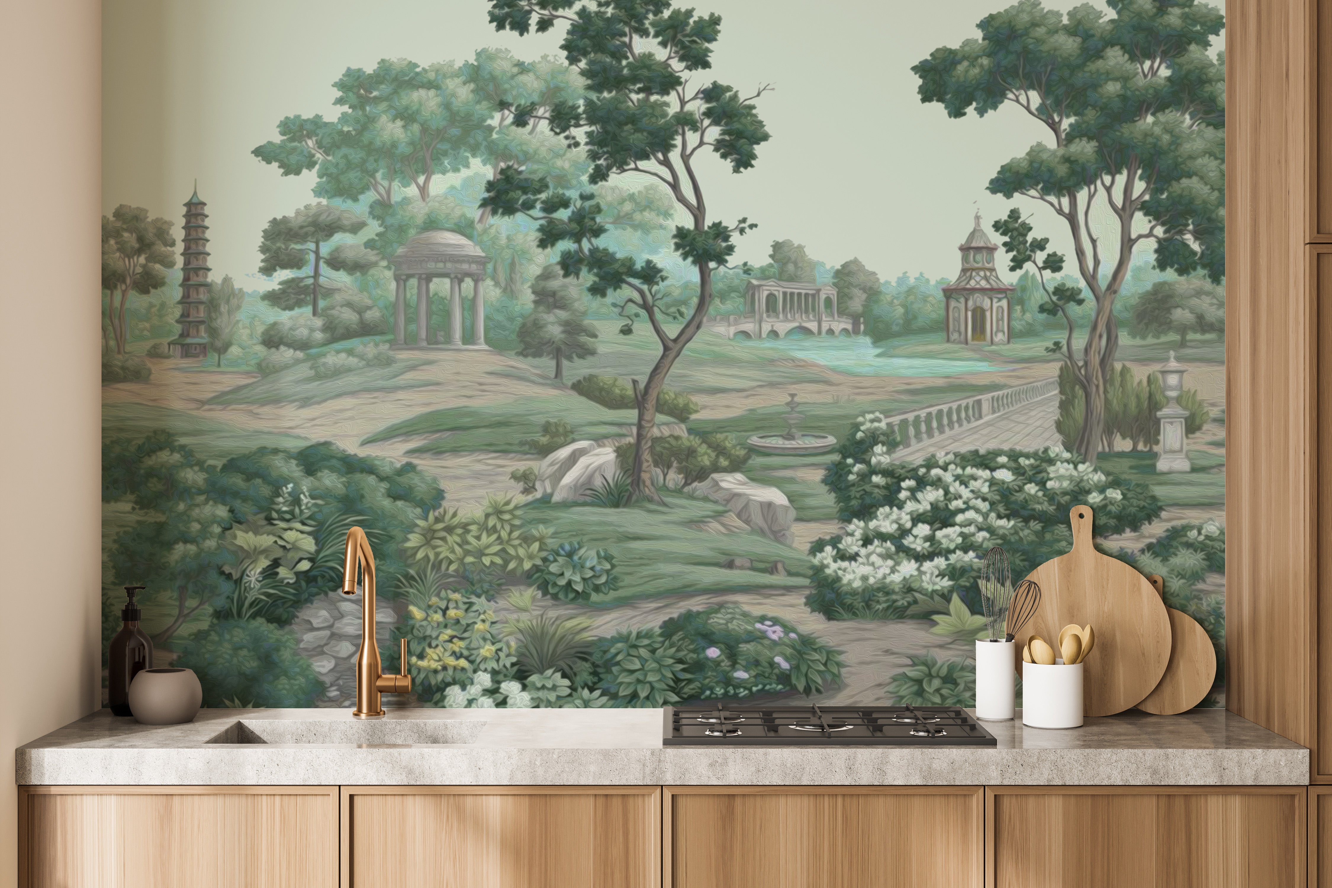 Green garden wallpaper mural with pathways