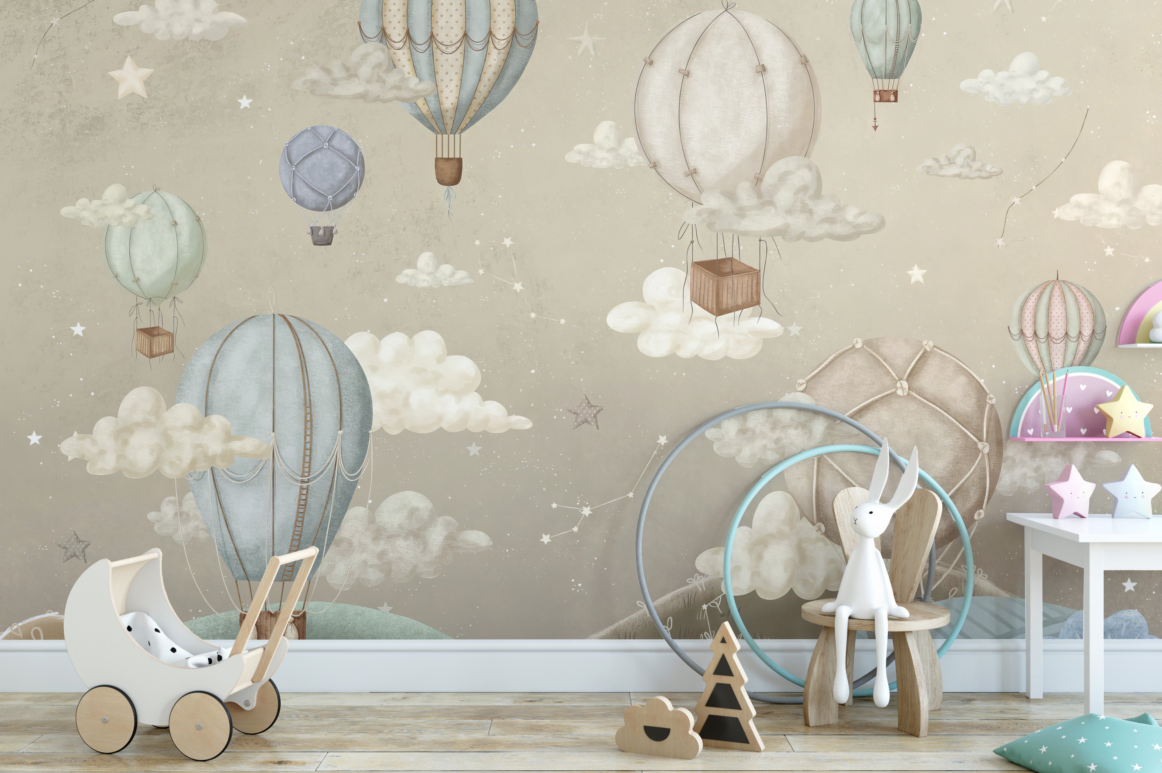 Floating hot air balloons mural for a whimsical look