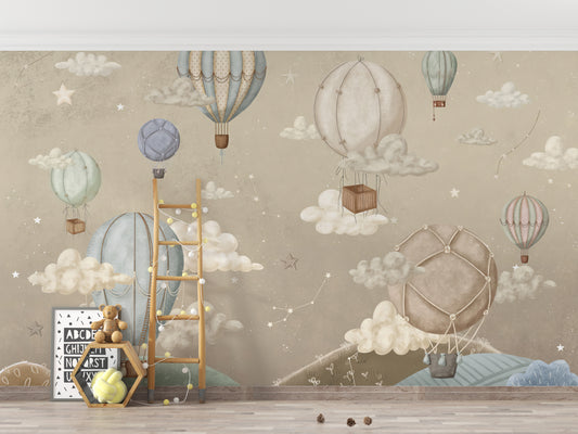 Dreamy balloon adventure mural with stars