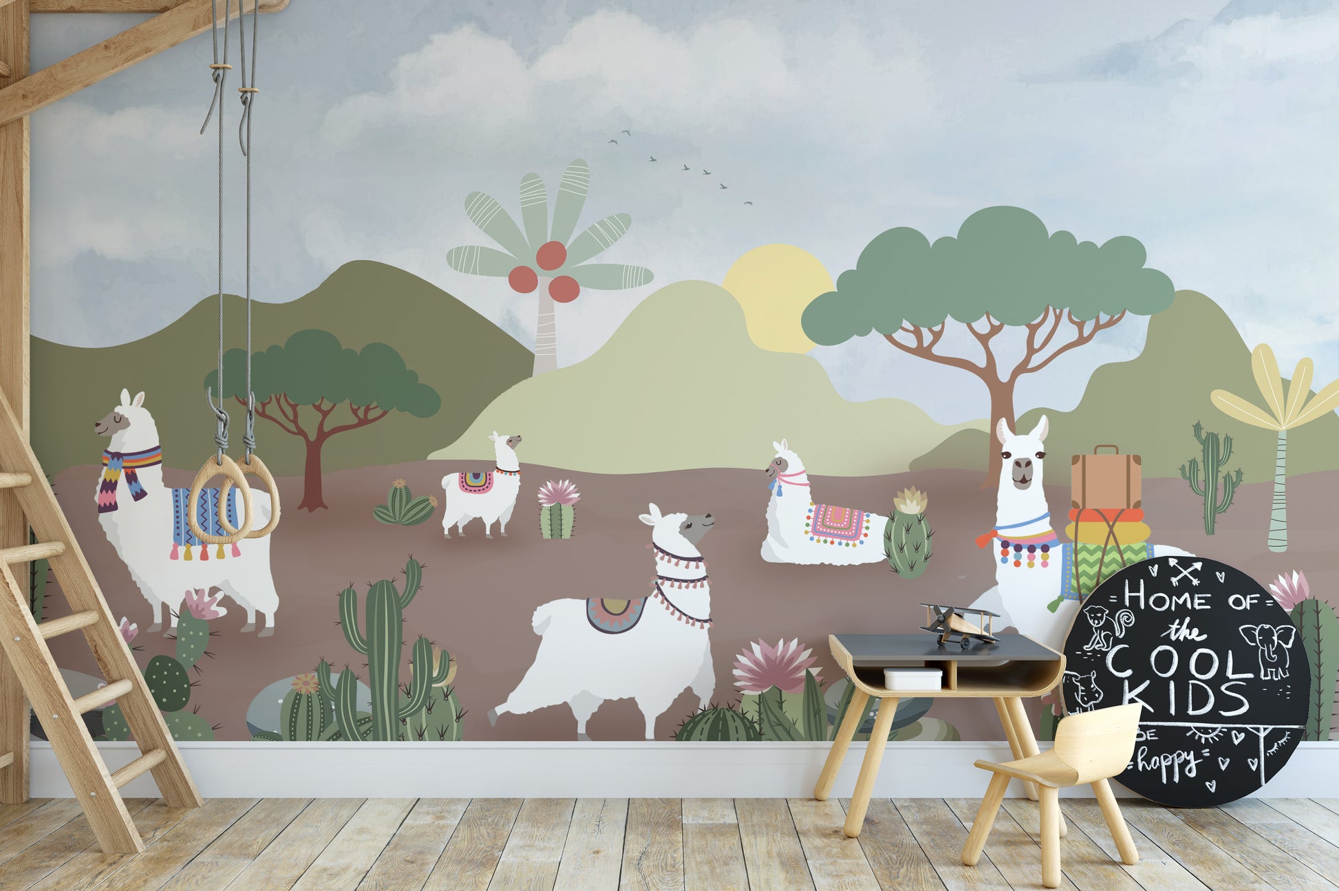 Cute alpaca desert mural with vibrant blankets