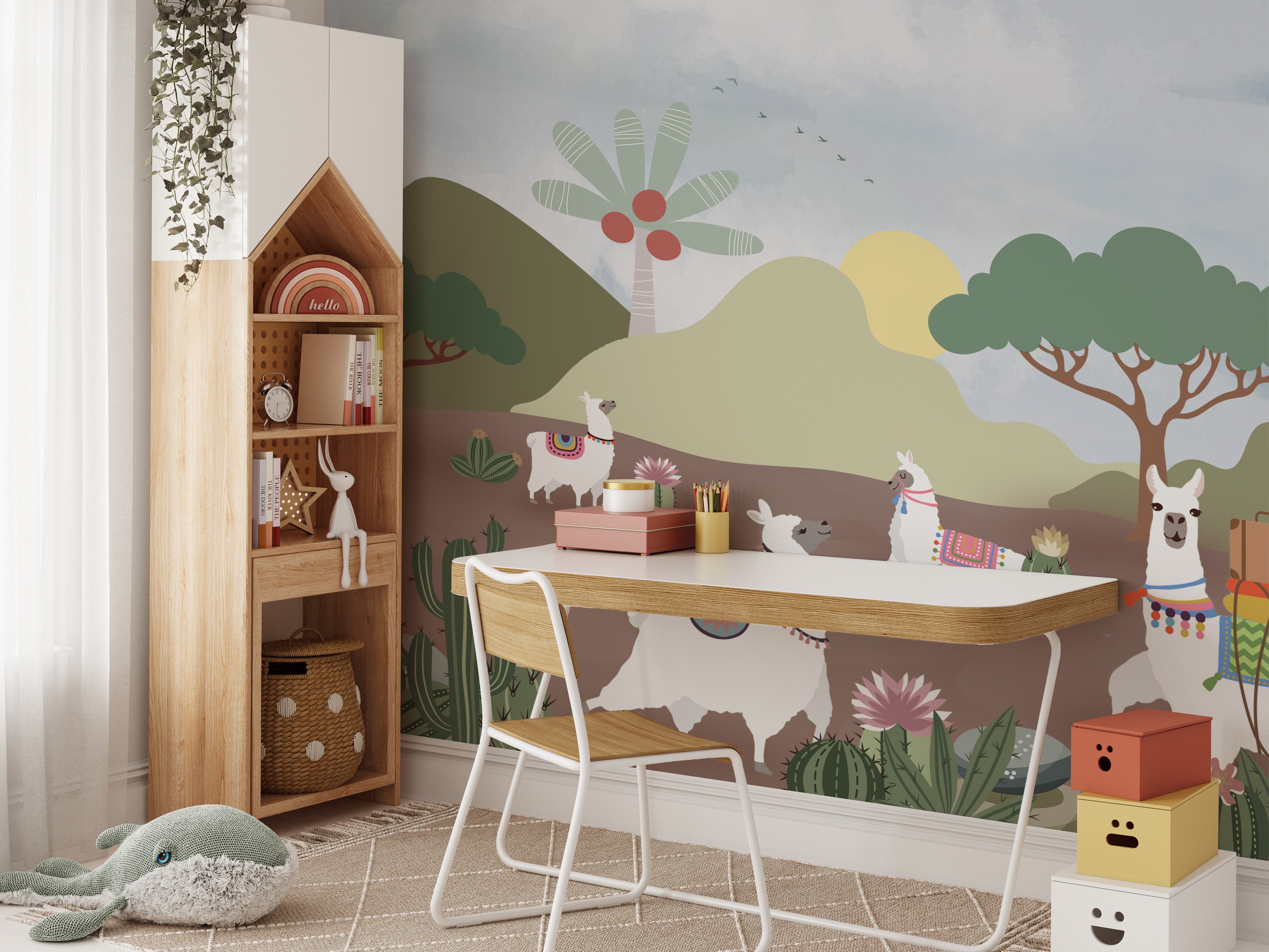 Kids room mural with alpacas and desert scene