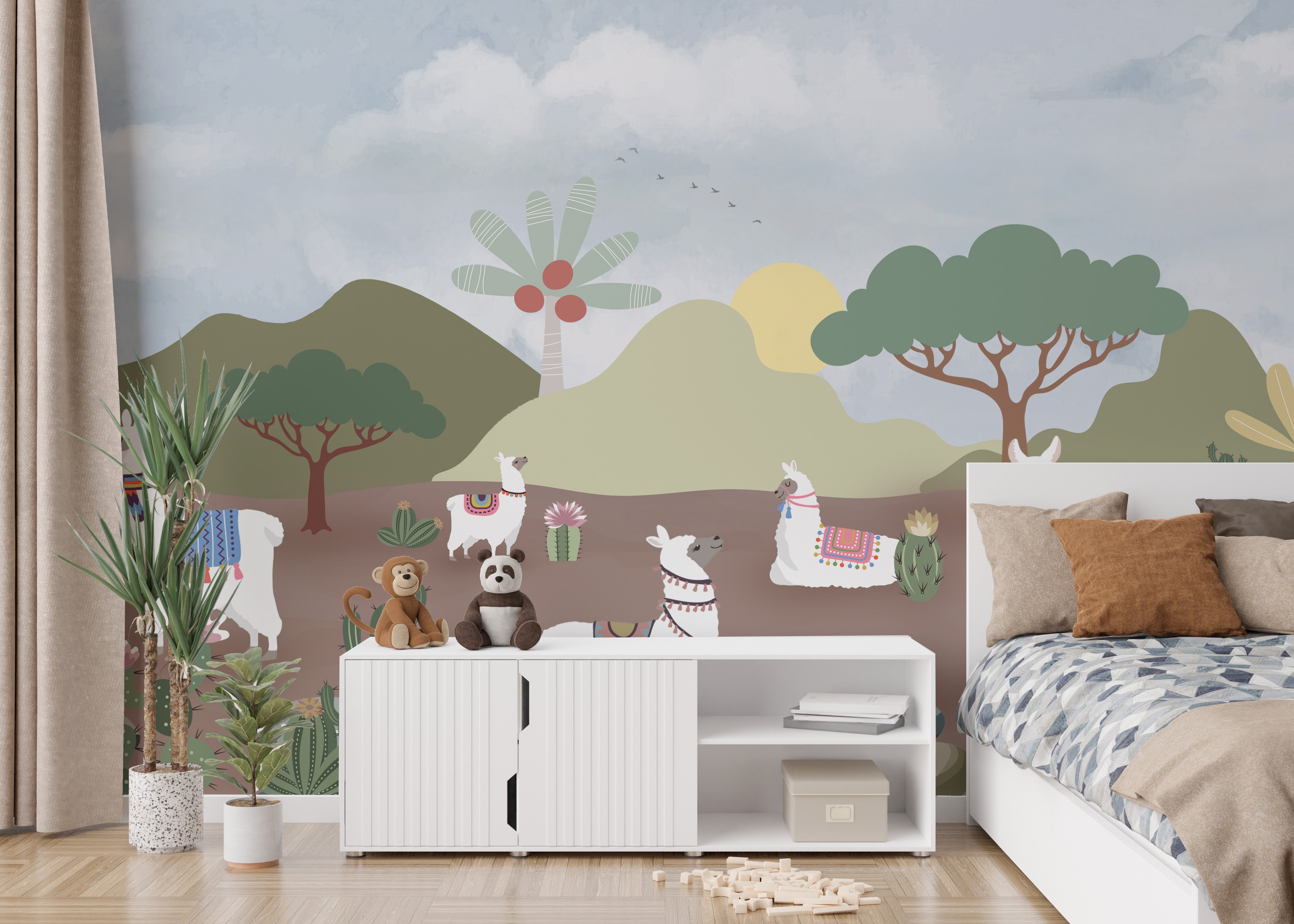 Alpaca-filled desert mural with playful details