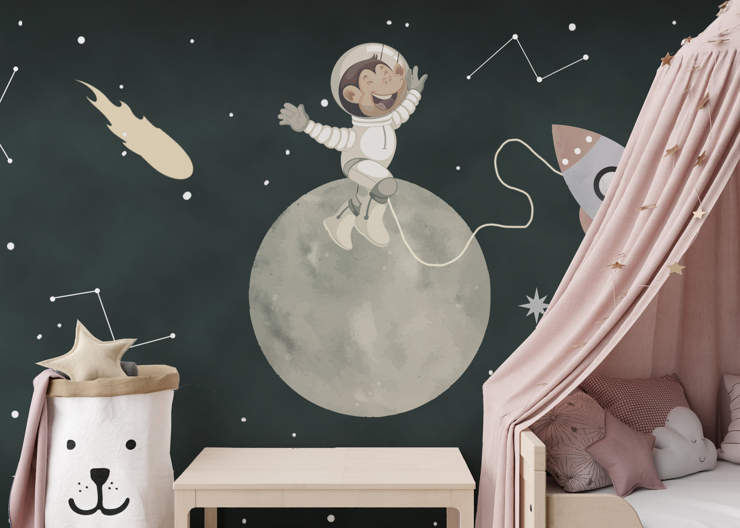 Playful astronaut pup in space mural