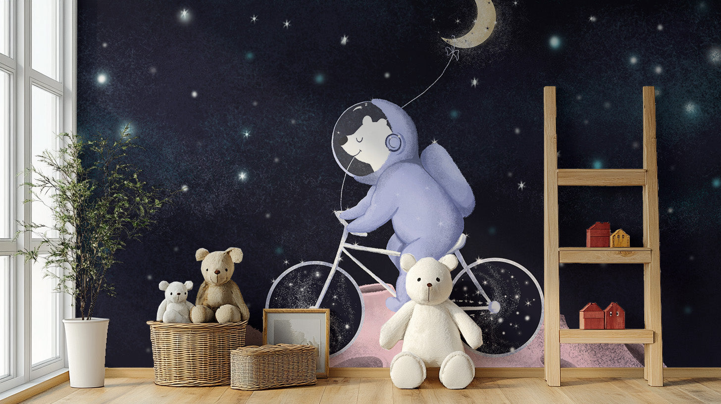 Fun astronaut bear on bike with stars wallpaper