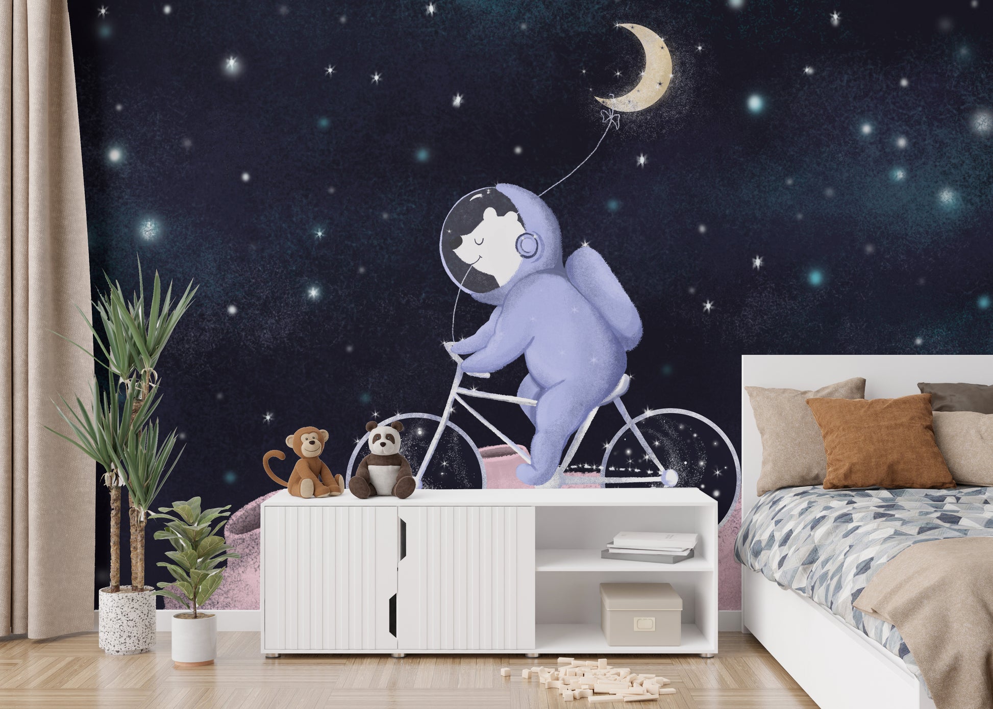 Bear astronaut cycling through space wallpaper