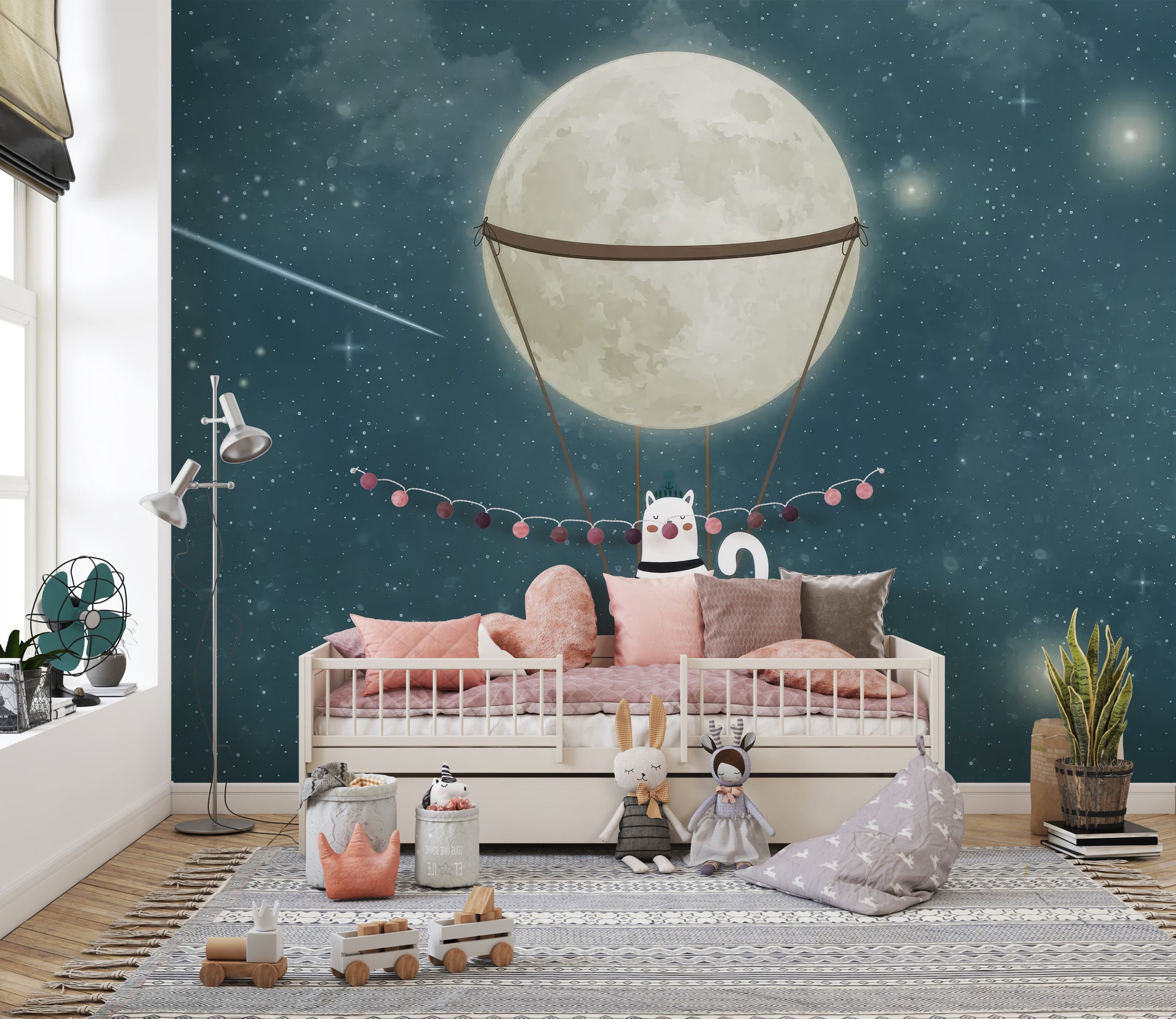 Playful cat floating on moon in starry sky mural