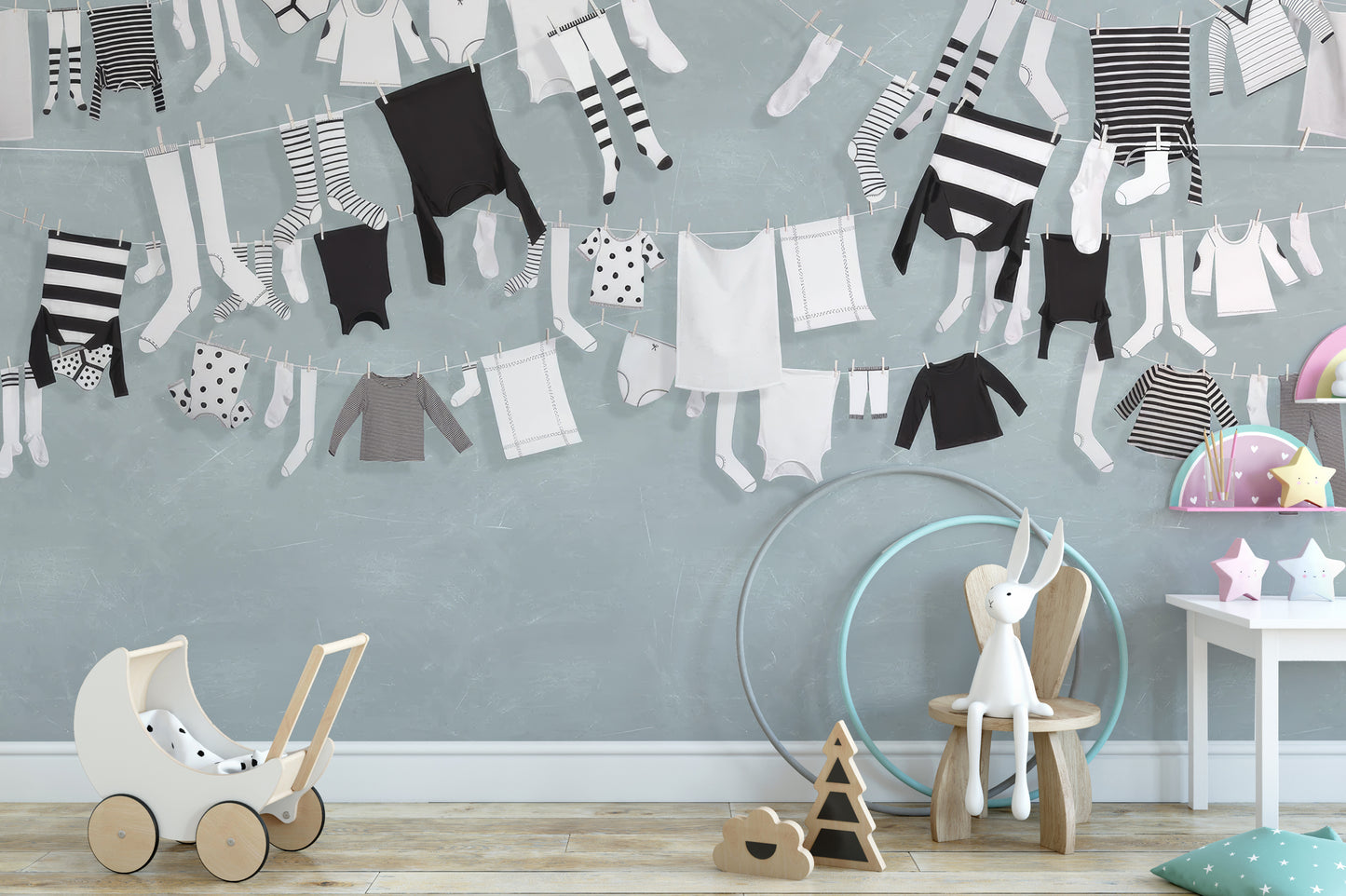 Playful hanging laundry mural with striped patterns