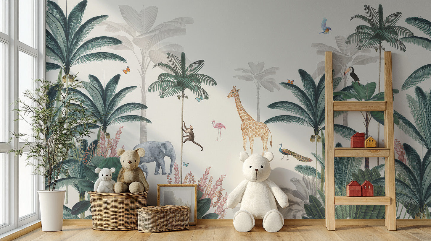 Exotic safari mural with trees and wildlife