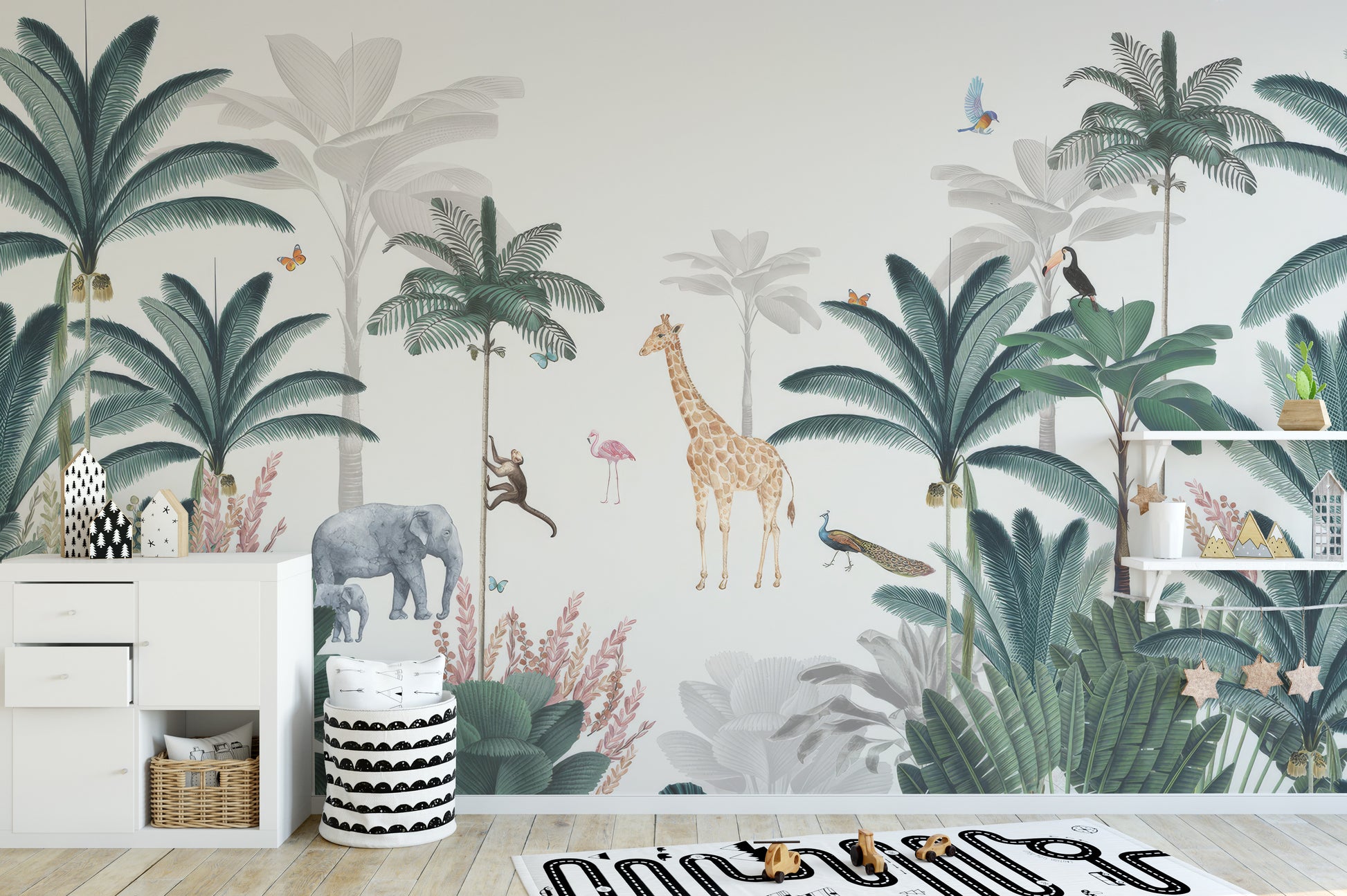 Jungle mural with giraffe, elephant, and monkeys