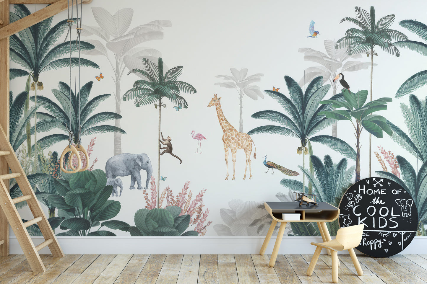 Lively tropical safari mural with jungle creatures