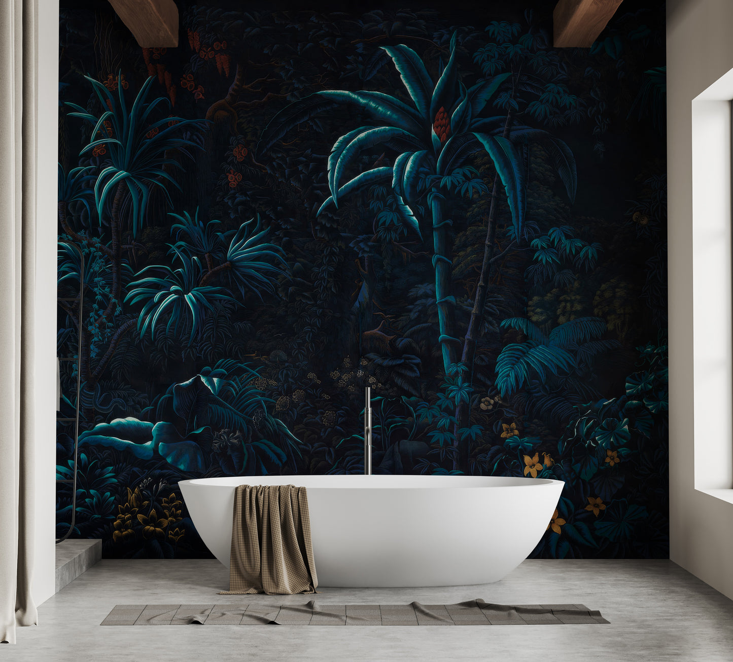 Moonlight forest mural with dark tropical foliage