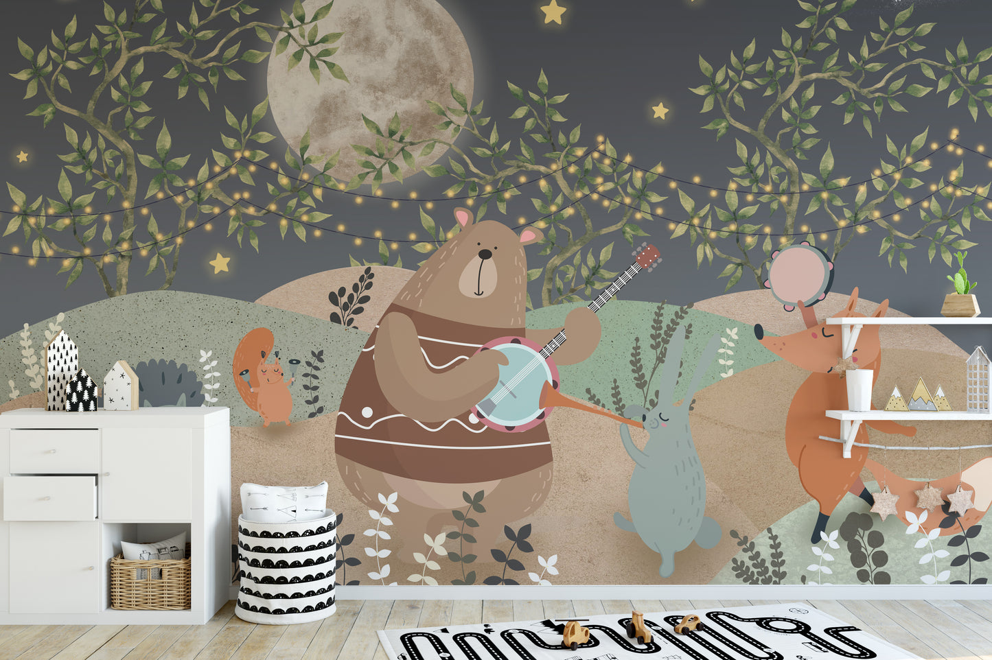 Bear and bunny play in forest mural