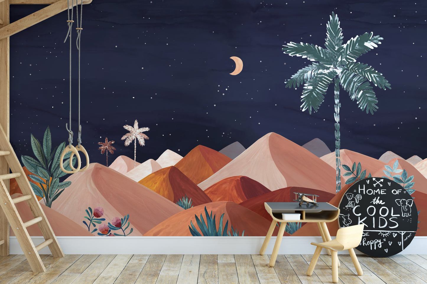 Moonlit mountains and palms mural design