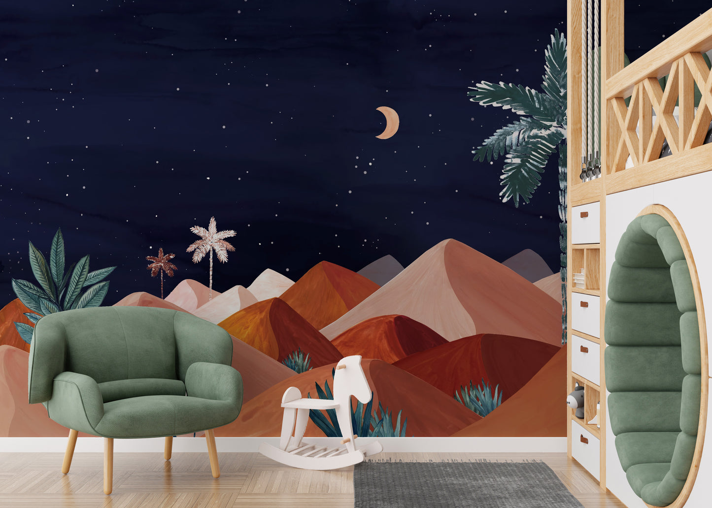 Mountain mural with moon and starry sky