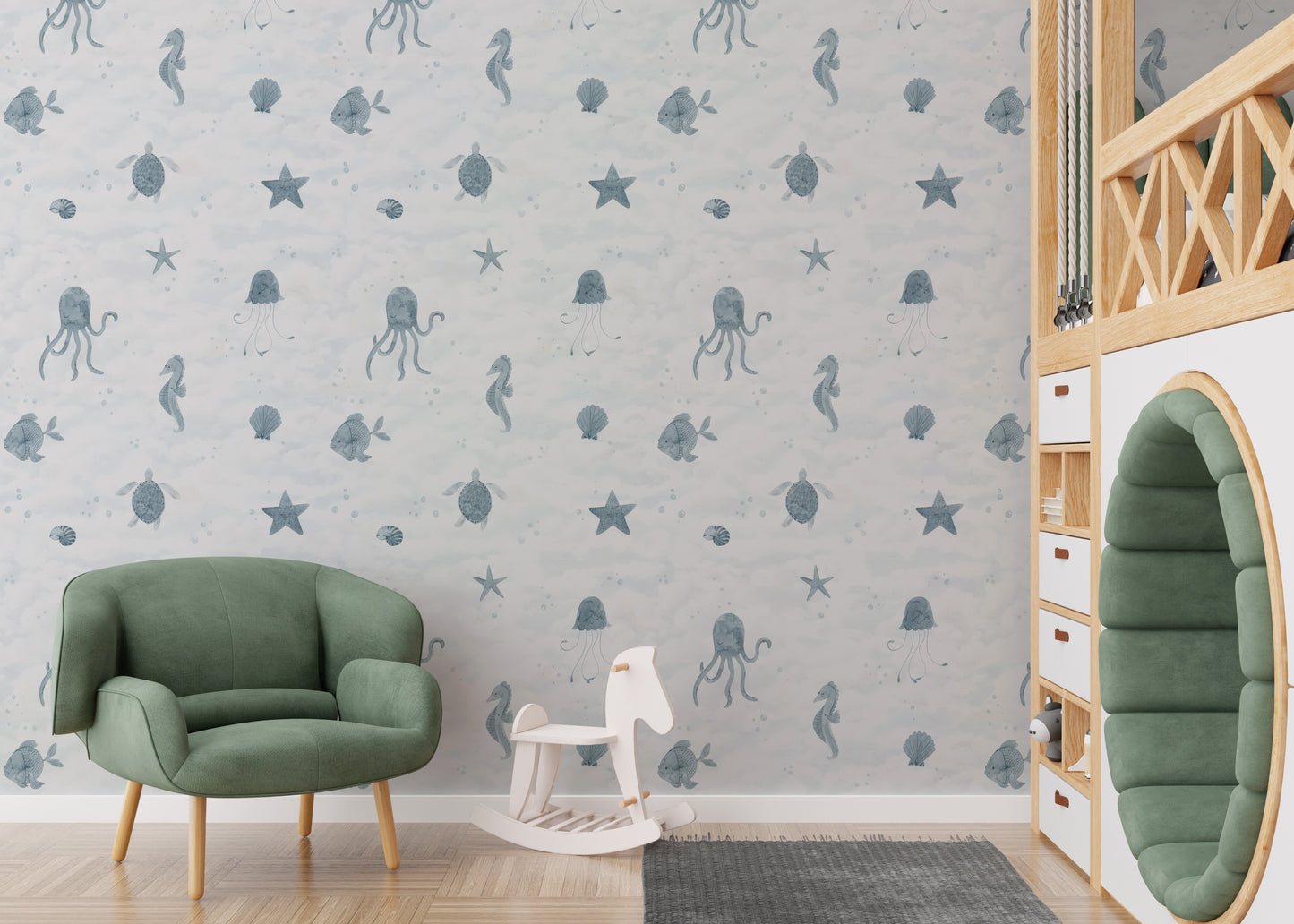 Gentle ocean creatures in soft blue wallpaper