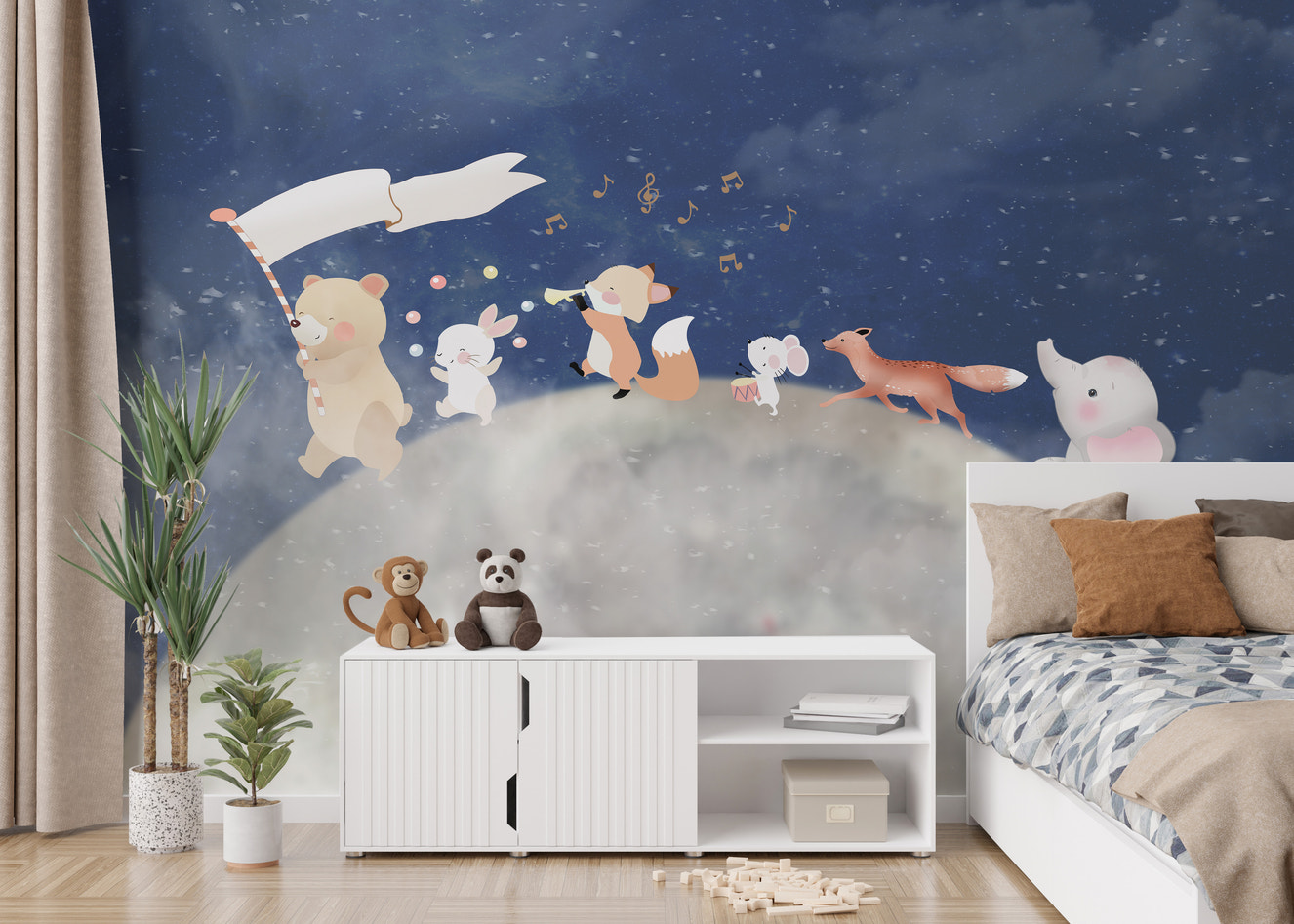 Whimsical animals under starry sky wallpaper mural