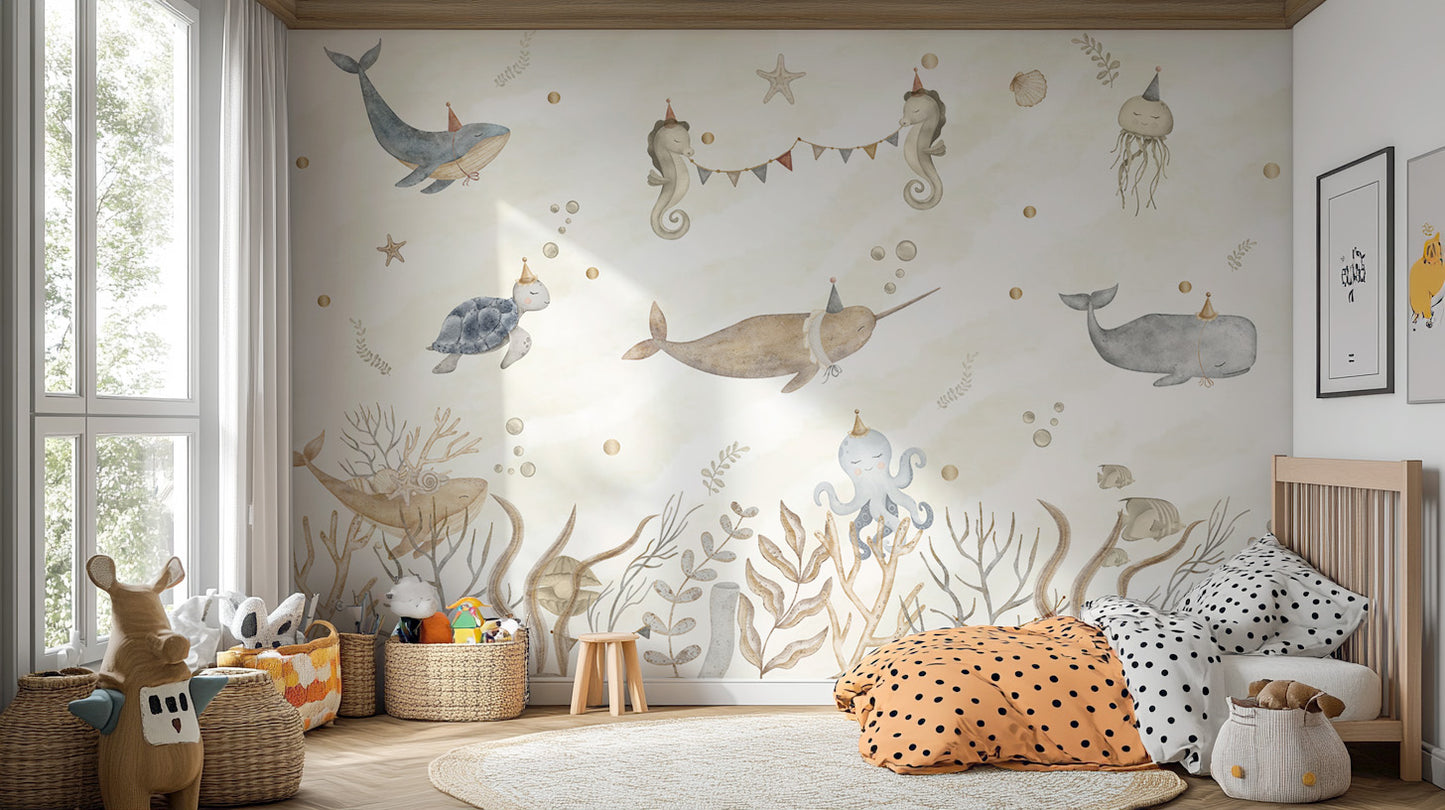 Watercolor sea life wall mural with pastel marine animals
