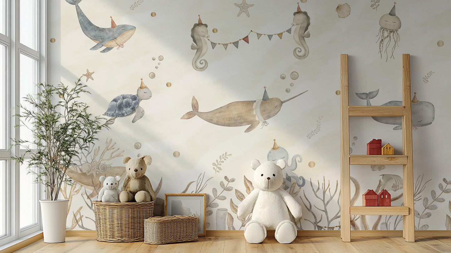 Marine animals wallpaper featuring seahorses, fish, and whales
