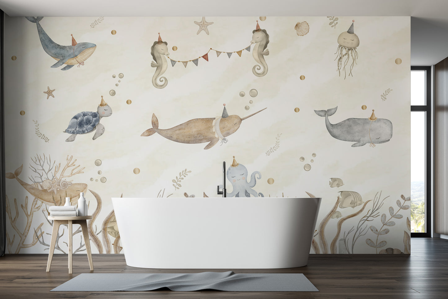 Ocean-themed nursery wallpaper with adorable aquatic creatures
