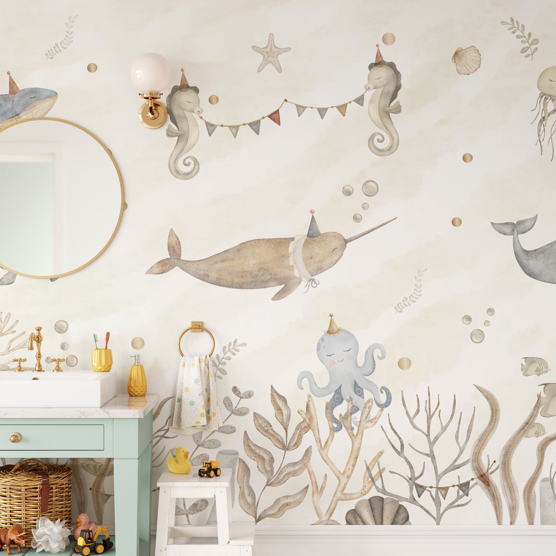 Kids' room wallpaper featuring a fun sea party illustration
