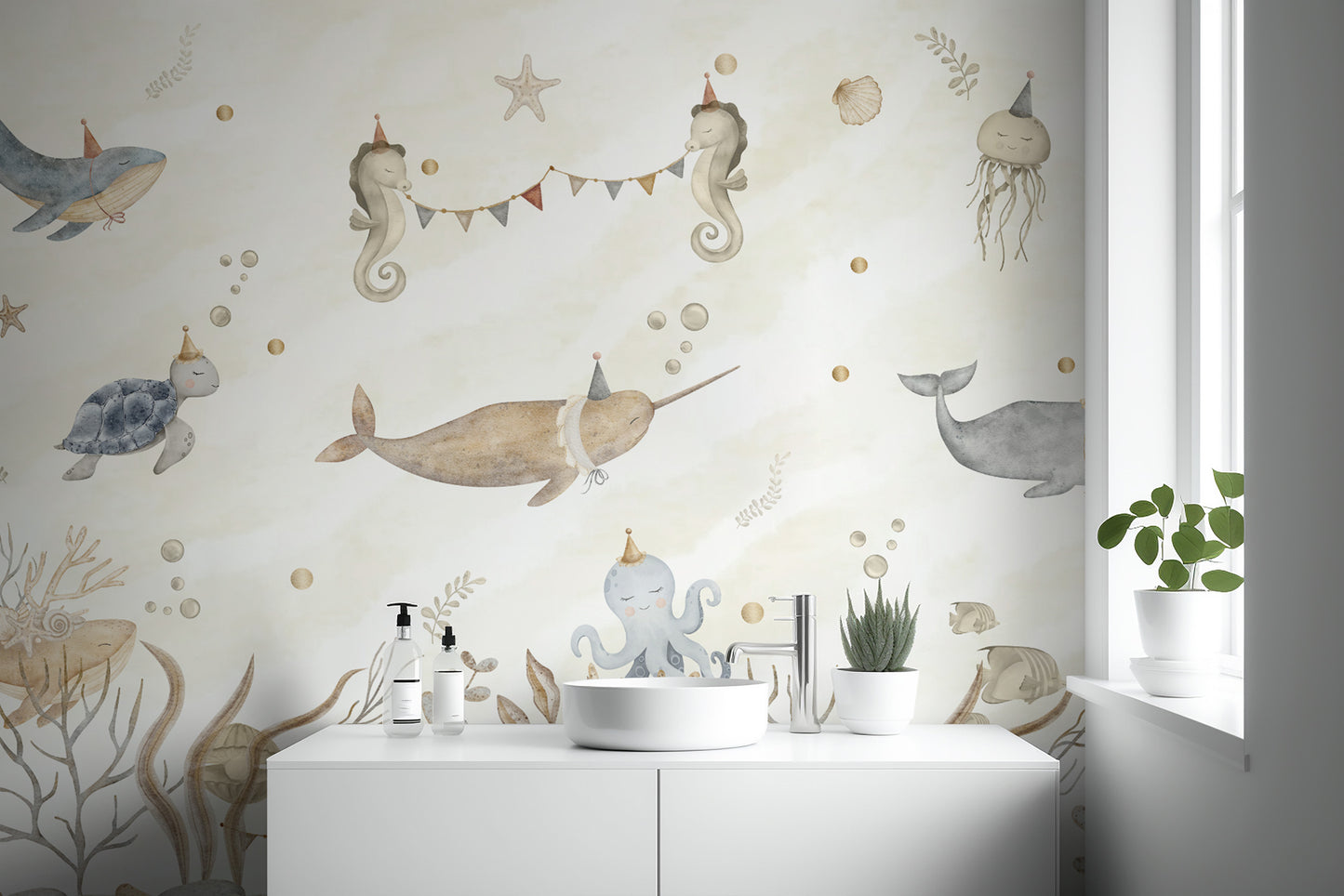 Magical underwater party wallpaper for dreamy kids' spaces
