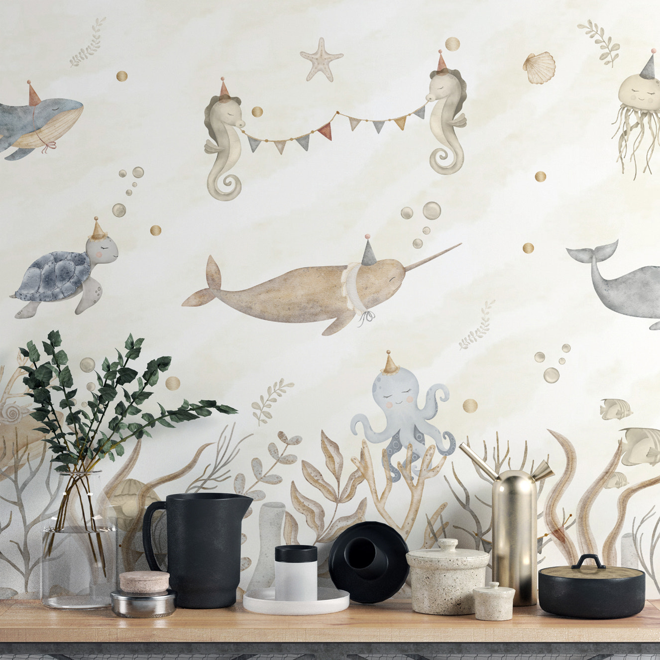 Whimsical underwater party wallpaper for kids' room decor
