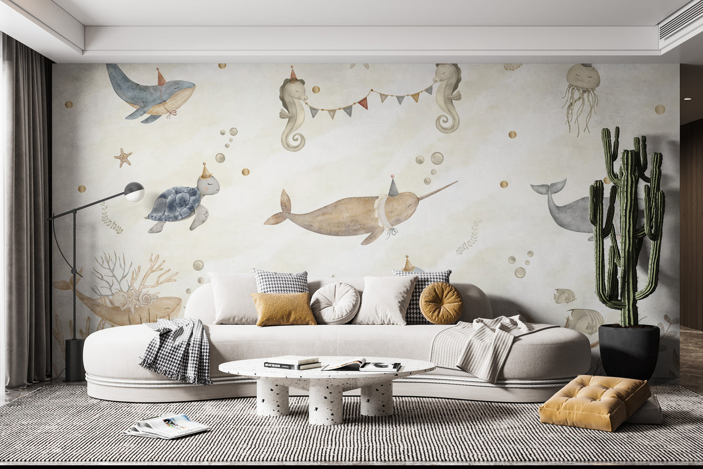 Cute sea creatures mural with whales, turtles, and narwhals
